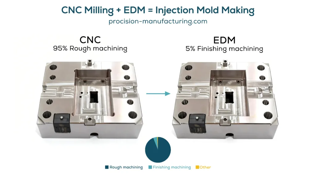CNC rough machining and EDM finishing machining work together to produce a precision mold base for injection molding