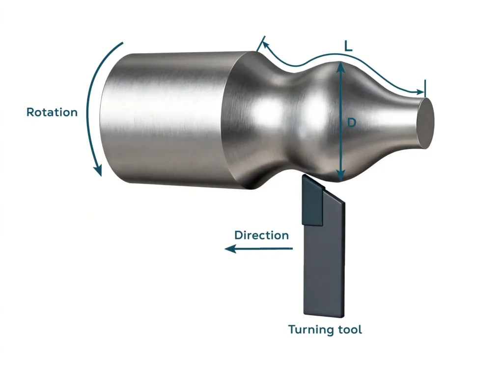 Contour turning on a metal part showing curved profile machining