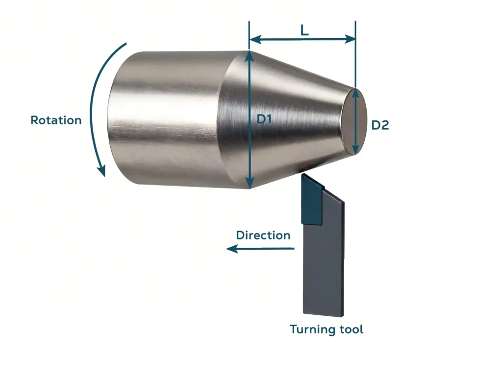 Taper turning example on a metal part showing conical shape machining.