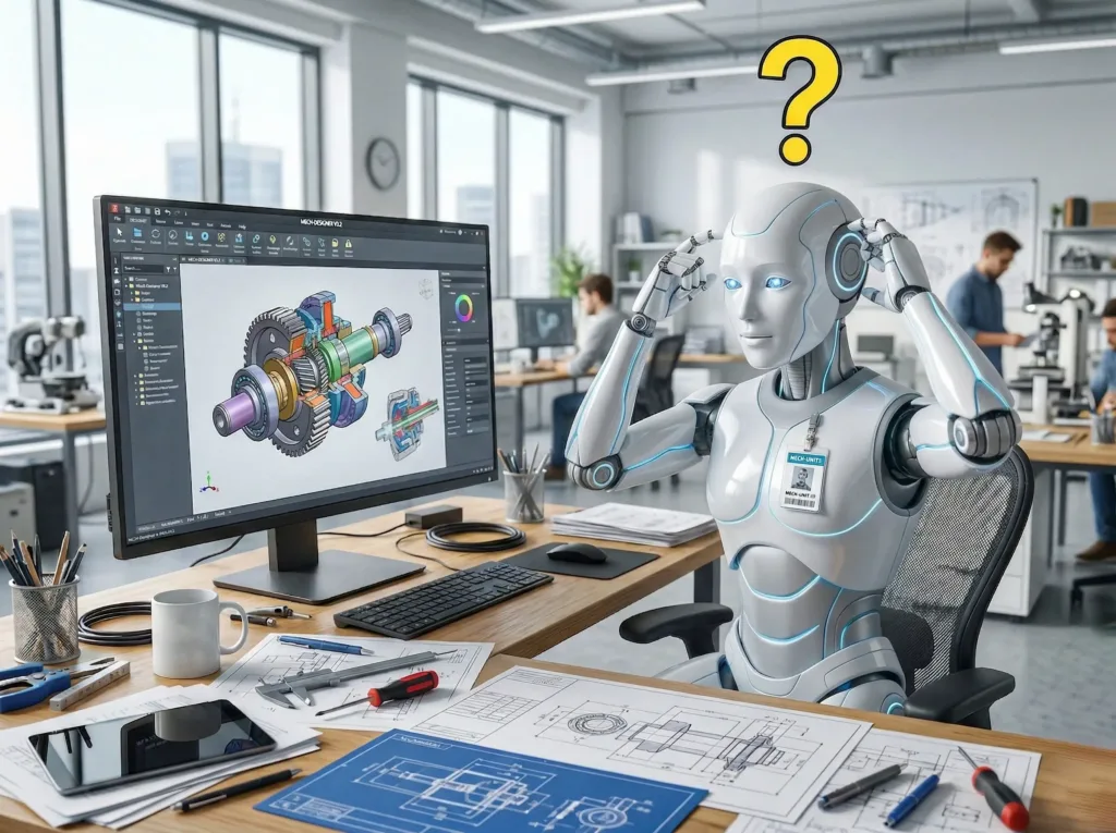 AI assistant reviewing a CAD model and engineering drawings, highlighting AI’s role and limitations in custom engineering for custom manufacturing.