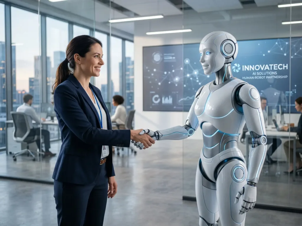 Engineer shaking hands with an AI assistant, symbolizing human-in-the-loop oversight in custom engineering and custom manufacturing.
