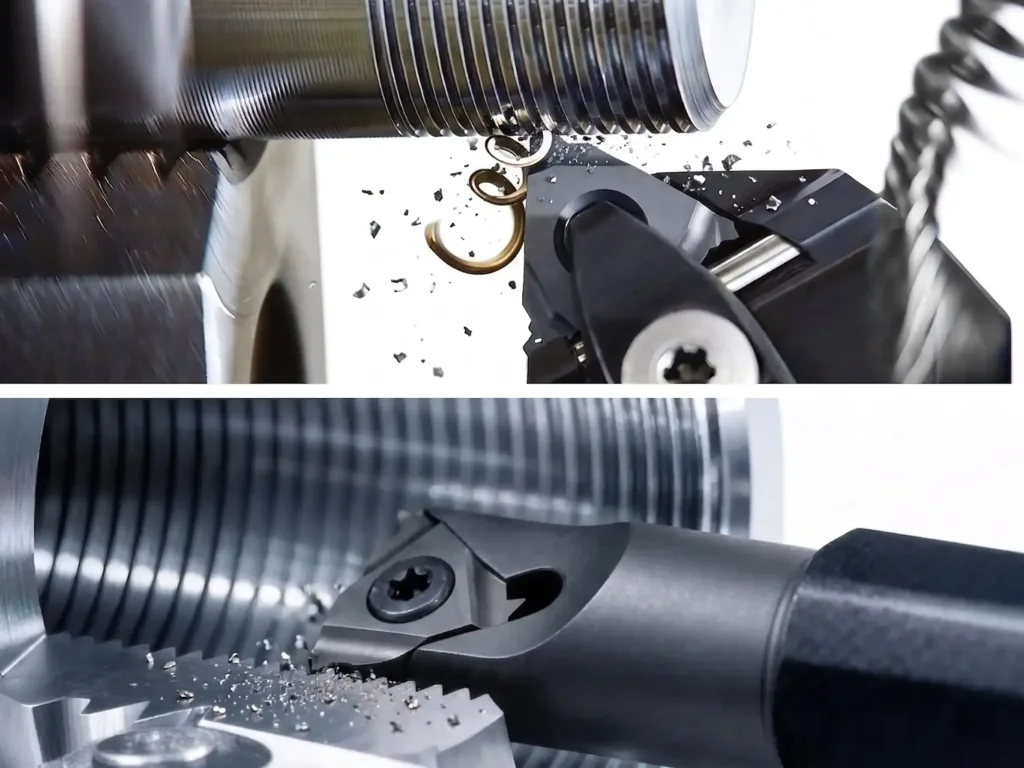 CNC lathe performing external and internal thread turning on a metal workpiece
