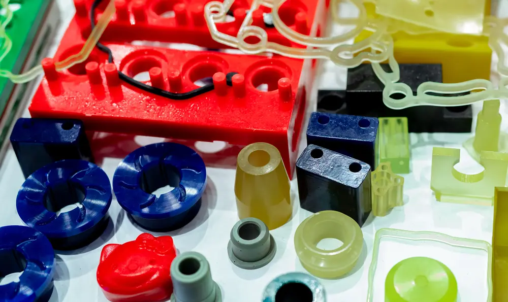 close up shot of different plastic parts on a display table, created through Custom Plastic Injection Molding