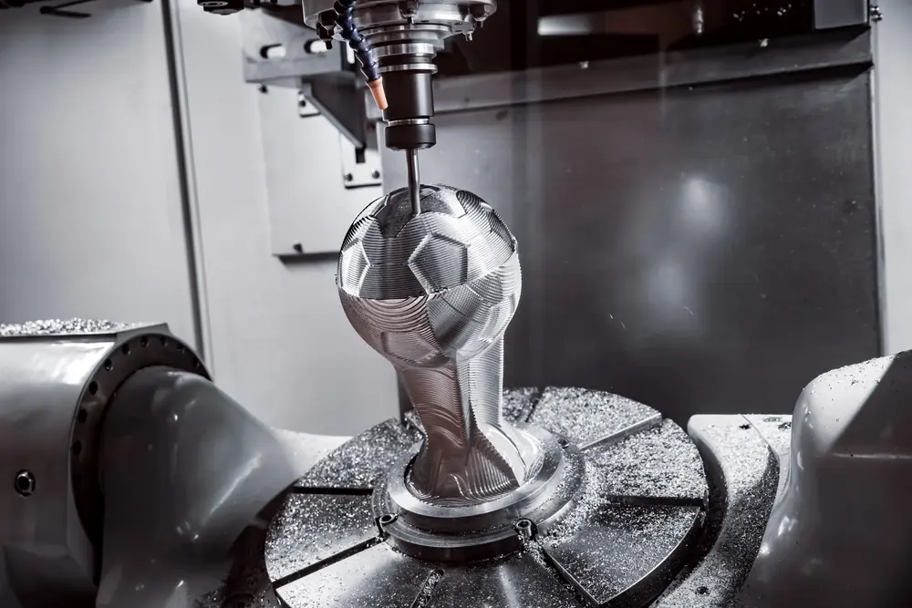 a precision CNC machining company sculpting a metallic sphere using multi-axis machining