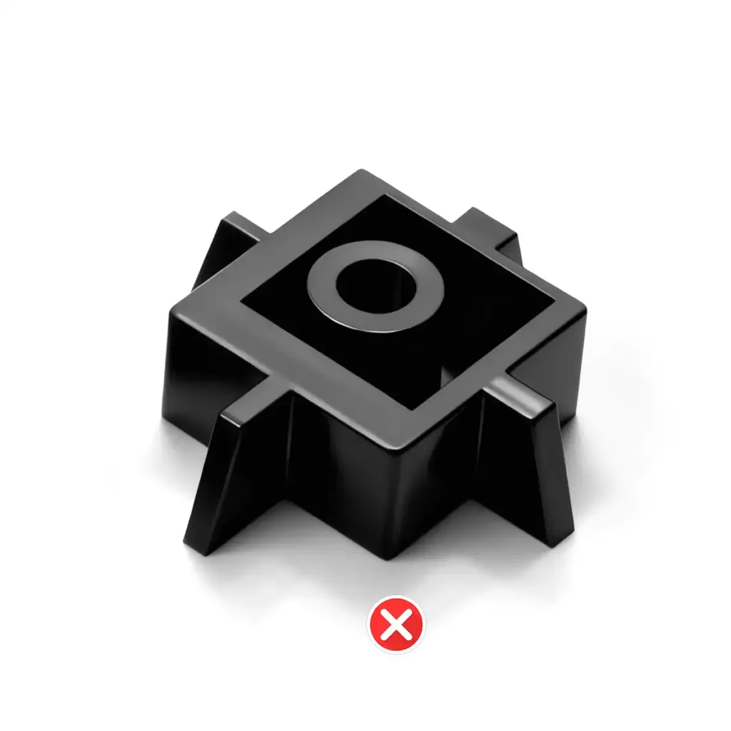 Plastic injection molded part with non-uniform wall thickness causing differential shrinkage and warping defects.