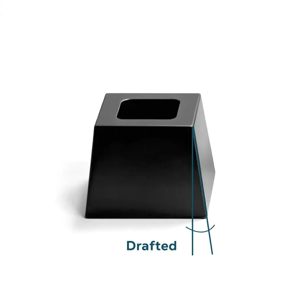 Plastic injection molded part with a draft angle on the inner core side to facilitate ejection.