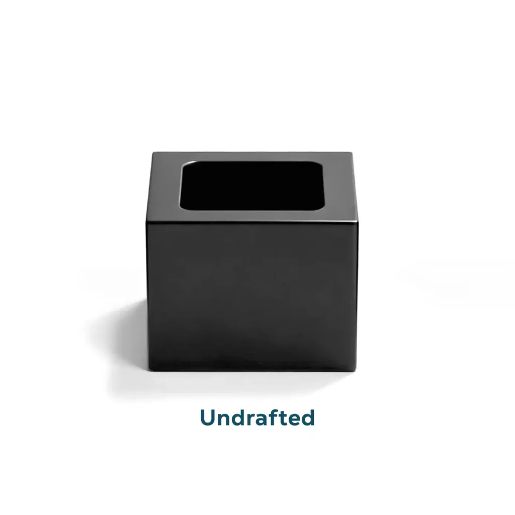 A plastic injection molded part designed with zero draft angle, resulting in increased friction during ejection.