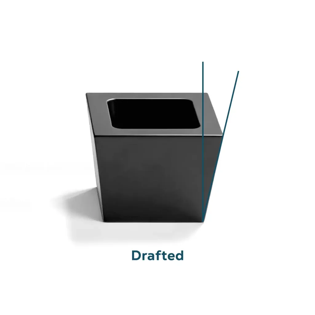 A plastic injection molded part featuring a draft angle on the outer cavity side for easier demolding.