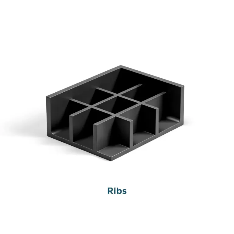 Grid of plastic injection molding reinforcing ribs designed to increase structural rigidity without increasing wall thickness.