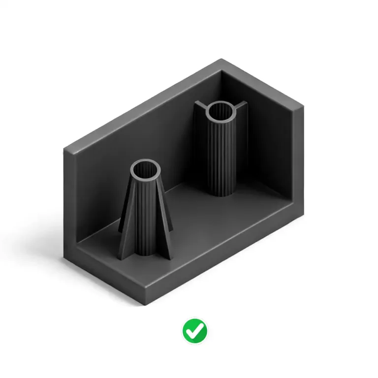 Injection molded screw bosses supported by triangular gussets and connecting ribs to prevent sink marks.
