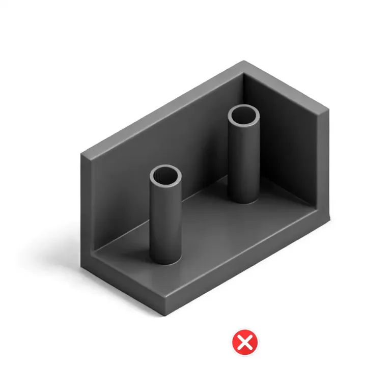 Unsupported tall plastic injection molding bosses prone to sink marks, warping, and bending failure.