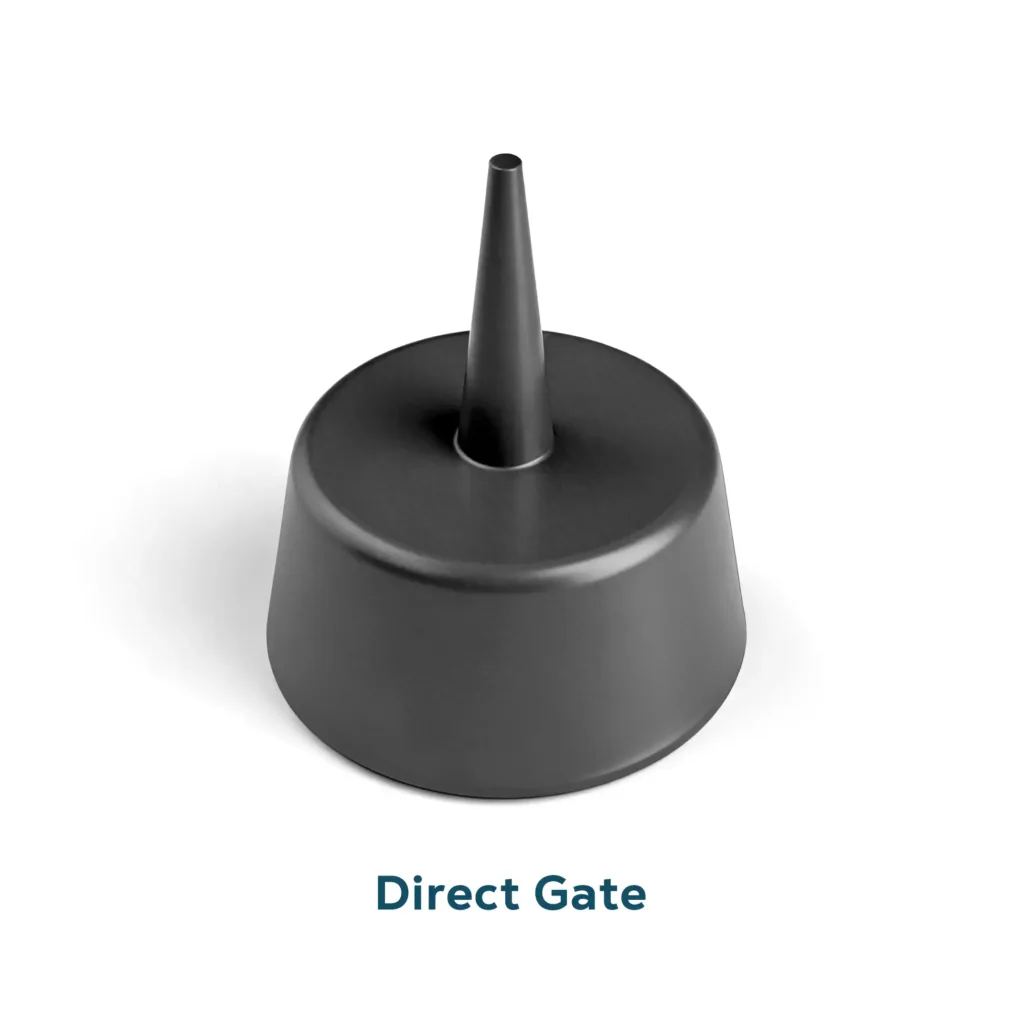 A rendering of a plastic circular part with a conical direct gate attached to the center.