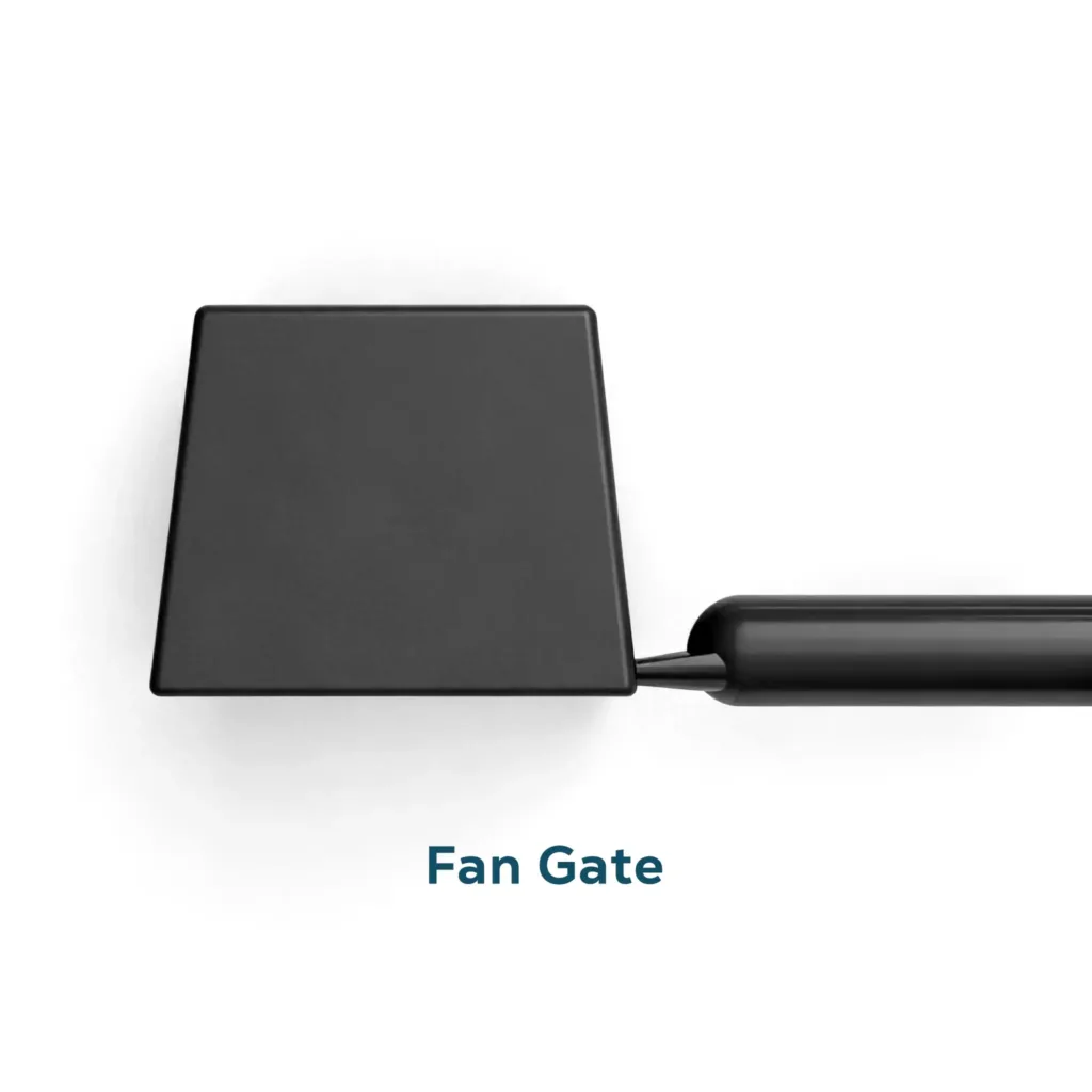 A top-down rendering of a rectangular plastic part showing a runner that widens into a thin, fan-shaped gate along one entire edge.