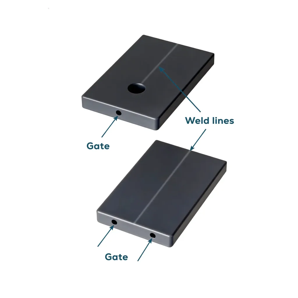 Two identical dark grey rectangular parts are shown. The top part has one gate on the edge, which creates two flow fronts that meet to form a weld line in the middle. The bottom part has two gates on the same edge, also forming two flow fronts that create a weld line. Both weld lines are clearly marked.