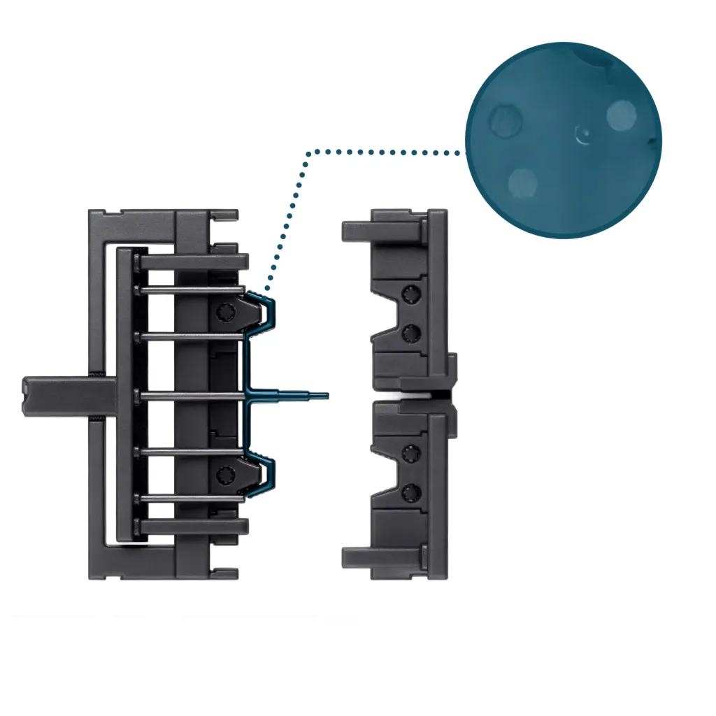 Technical diagram of an injection mold showing ejector pins pushing a part and a close-up circle highlighting ejector pin marks on the plastic surface.