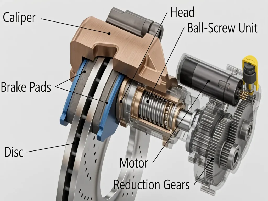 Cutaway diagram of ball screw type brake mechanism.
