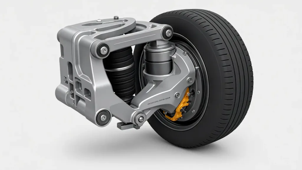 A brake body assembly integrated with wheel and suspension components.