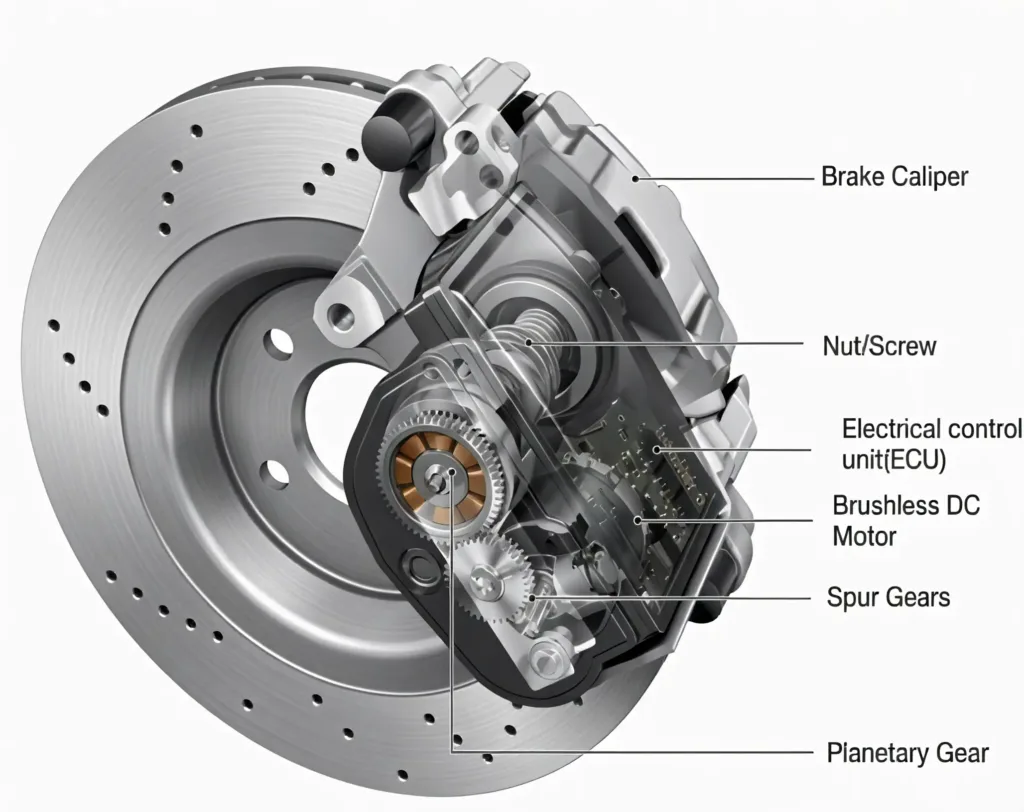 CAD render of electro-mechanical brake (EMB) system.