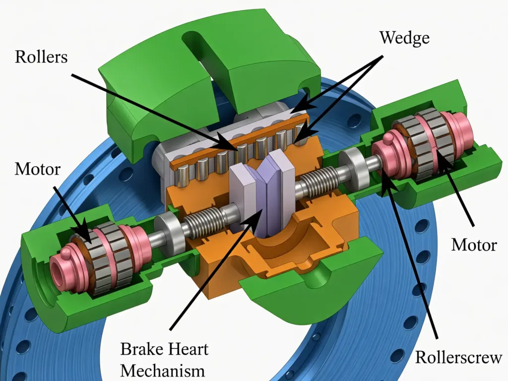 Wedge brake mechanical system cutaway drawing.