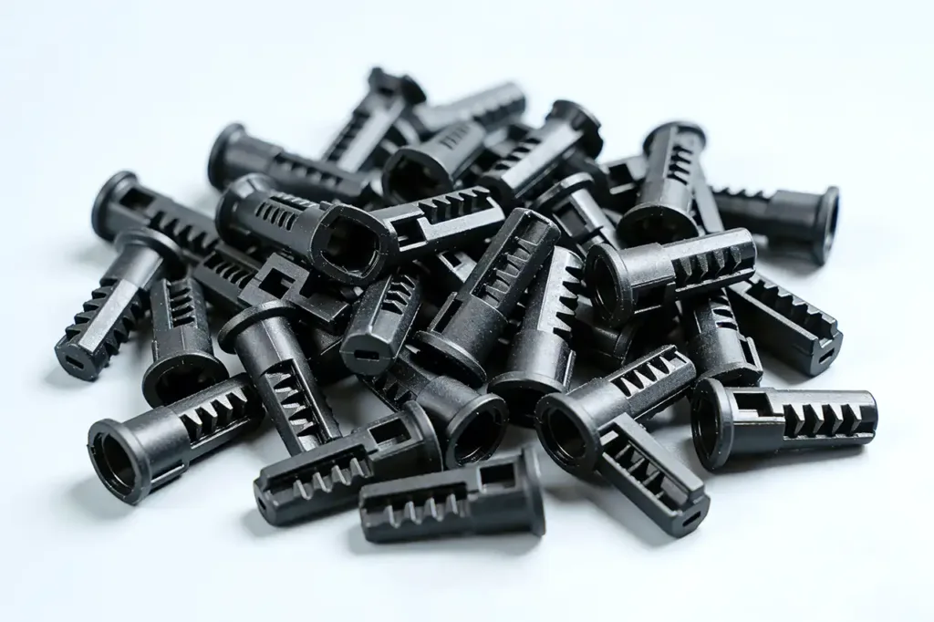Batch of custom black plastic injection molded components showcasing mass production capabilities and surface quality.