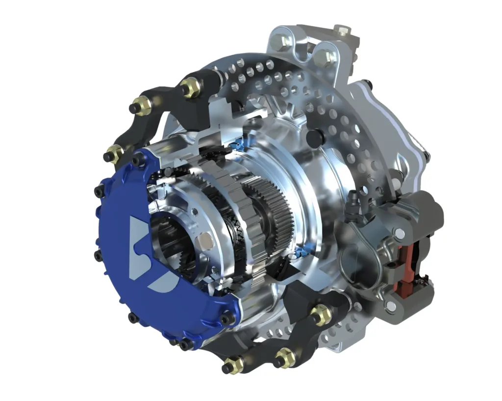 Cutaway 3D render of a high-performance race car wheel corner assembly featuring CNC machined housing, drilled brake rotor, and brake caliper.