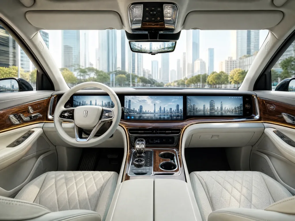 Luxury automotive interior featuring cream leather seats, panoramic triple screens, and luxury plastics with polished trim.