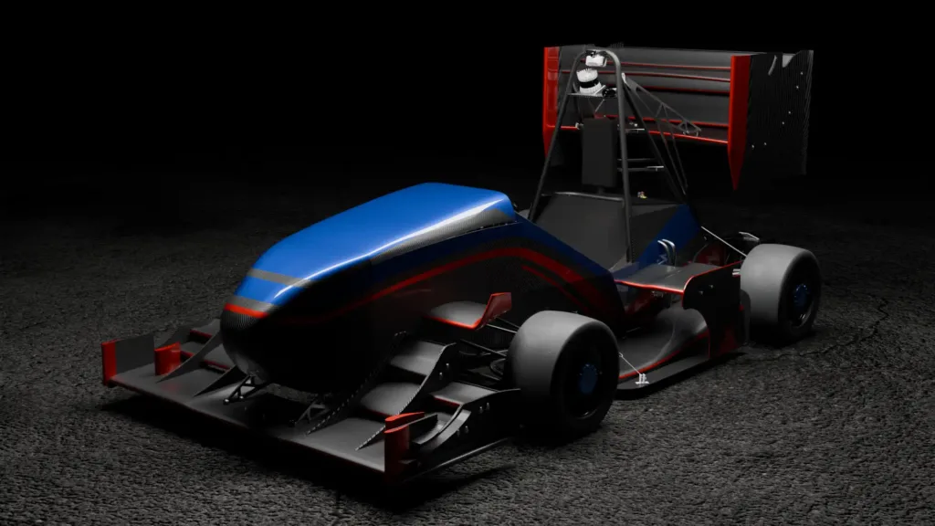 3D CAD rendering of a Formula Student race car featuring carbon fiber aerodynamic wings, chassis frame, and custom CNC machined wheel package.