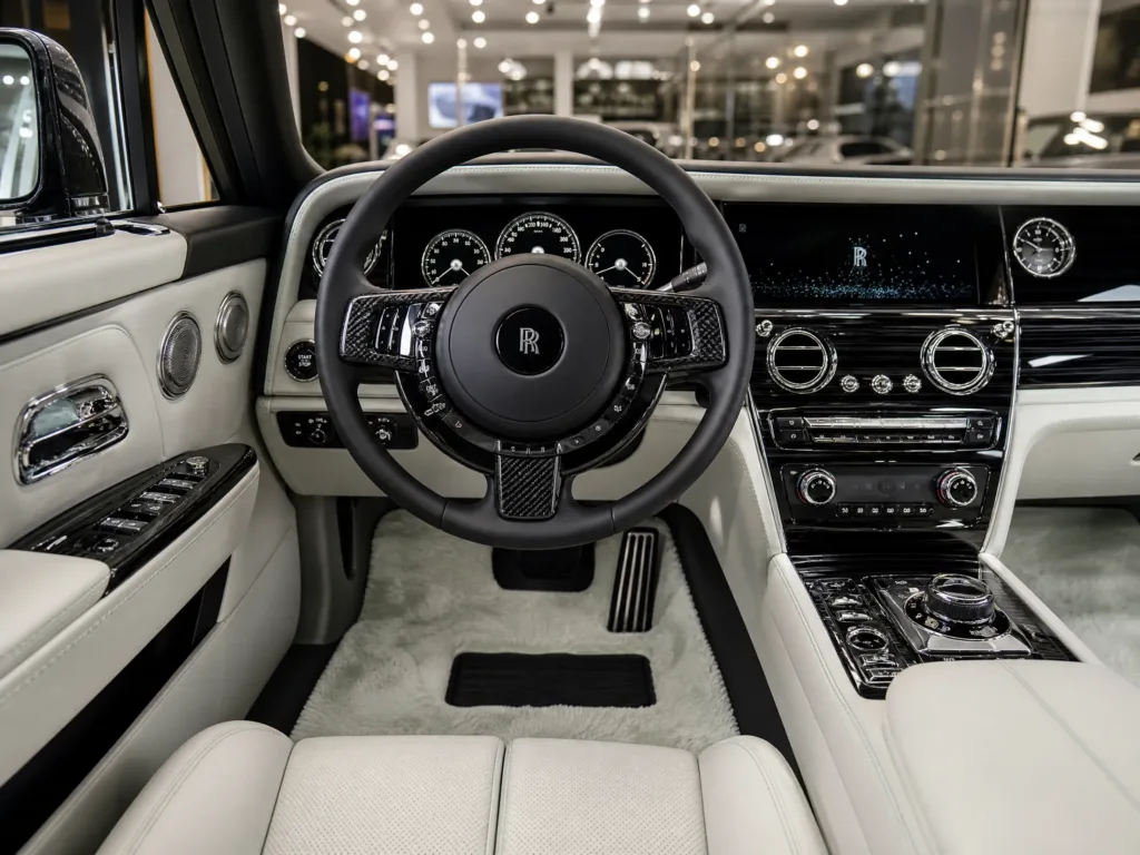 Luxury car interior with white leather and premium plastic molding material selection.