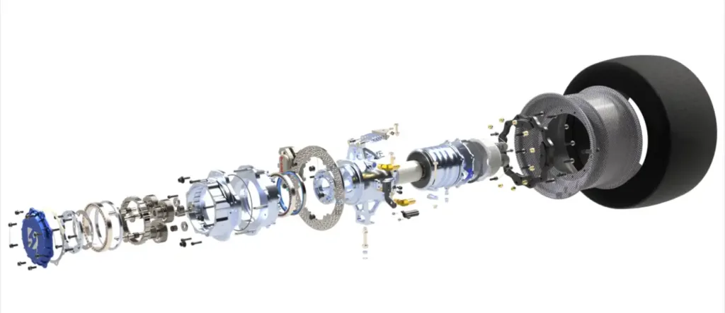 Exploded 3D CAD render of a custom CNC machined motorsport wheel hub assembly showing brake disc, planetary gear system, and wheel rim components.