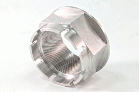 Precision CNC-machined aluminum threaded component prepared for anodizing surface finishing with internal threads and hexagonal exterior.