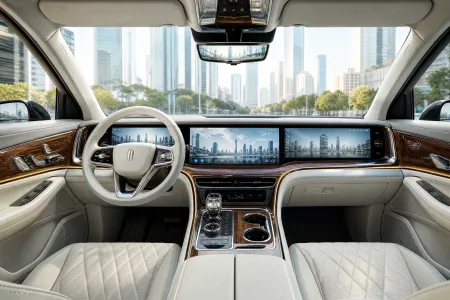 Luxury automotive interior featuring cream leather seats, panoramic triple screens, and luxury plastics with polished trim.