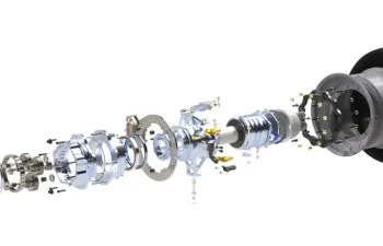 Exploded 3D CAD render of a custom CNC machined motorsport wheel hub assembly showing brake disc, planetary gear system, and wheel rim components.