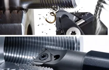 CNC lathe performing external and internal thread turning on a metal workpiece