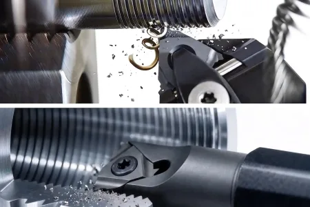 CNC lathe performing external and internal thread turning on a metal workpiece